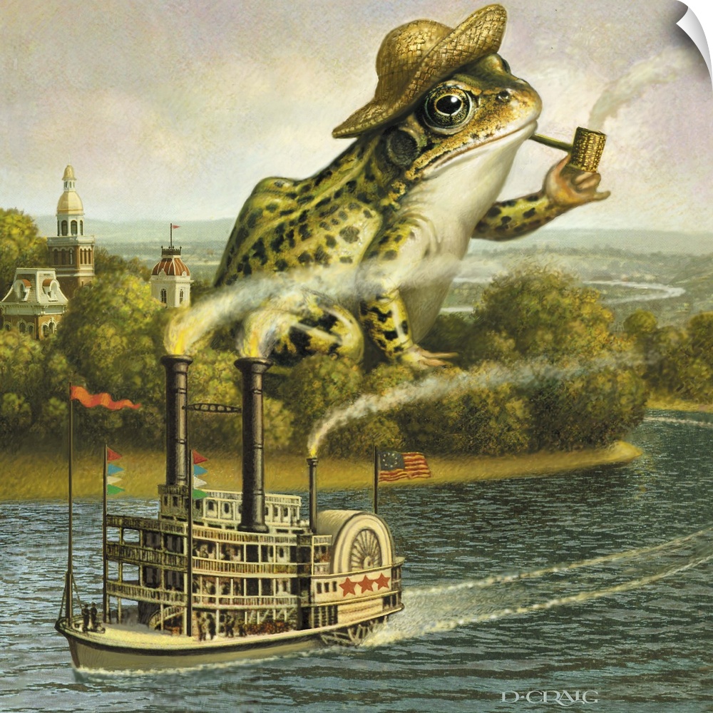 Giant frog smoking a pipe near a river with steamboat.