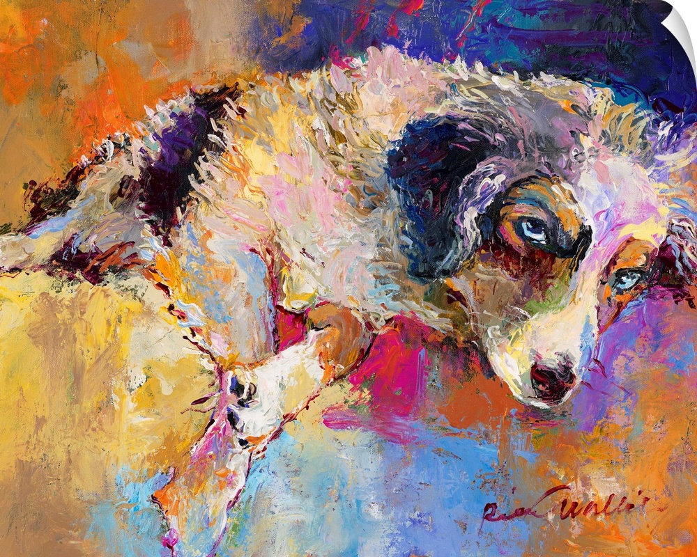 Colorful abstract painting of a dog laying down.