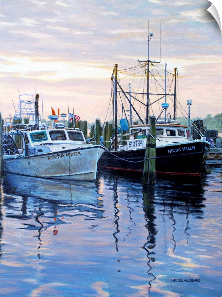 Contemporary painting of two large boats docked to wooden pillars in the water in the early evening.