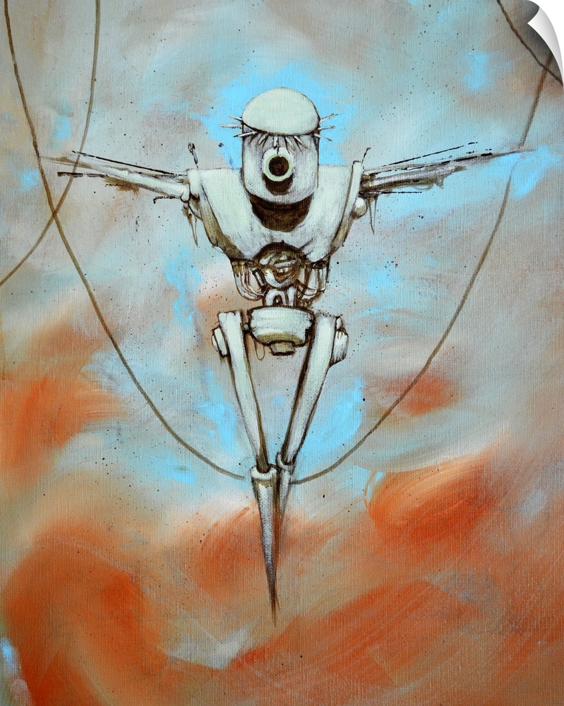 Illustration of a robot hanging from cords.