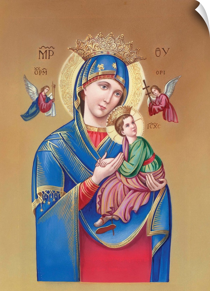 Mary holding Jesus with angels flying around