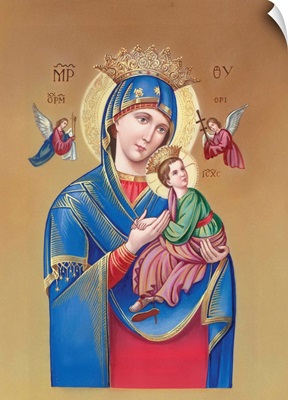 Mary holding Jesus with angels flying around