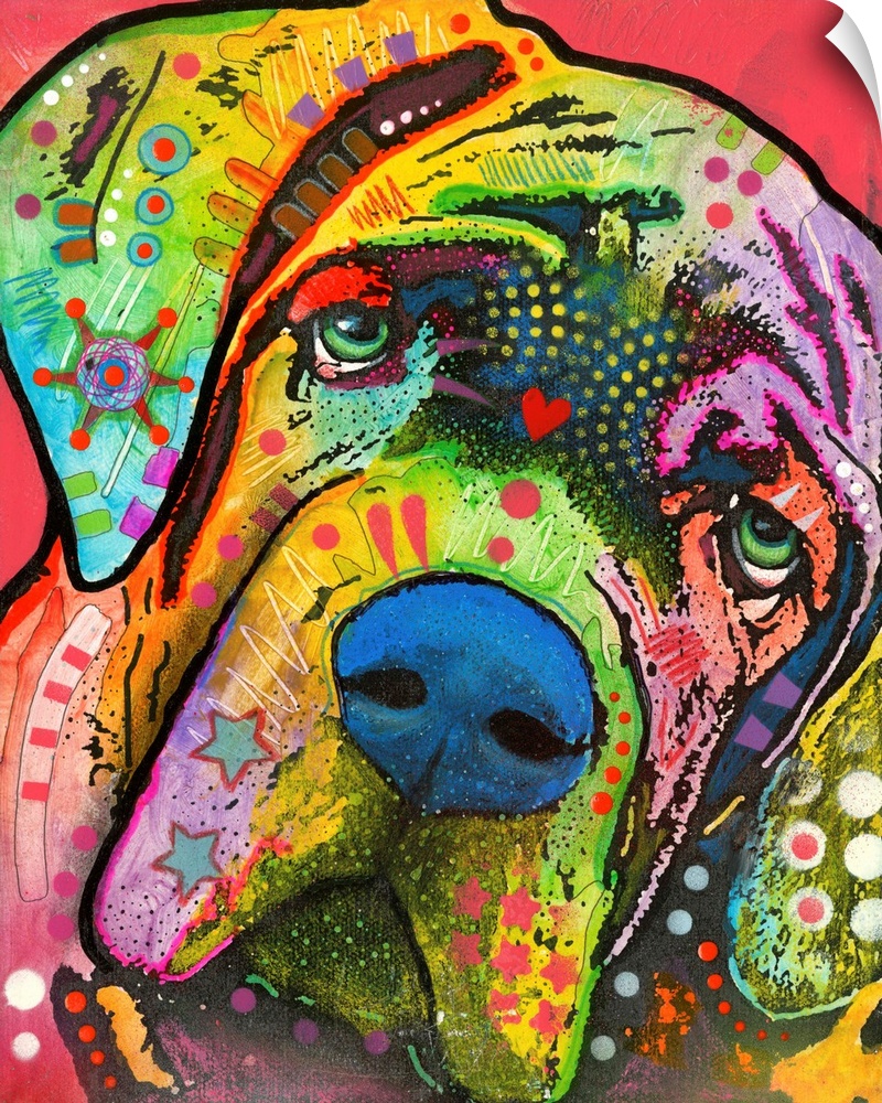 Colorful painting of a Mastiff with abstract markings on a red background.