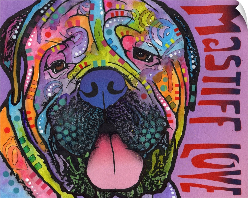 Colorful painting of a Mastiff with graffiti-like designs on a pink and purple background with "Mastiff Love" spray painte...