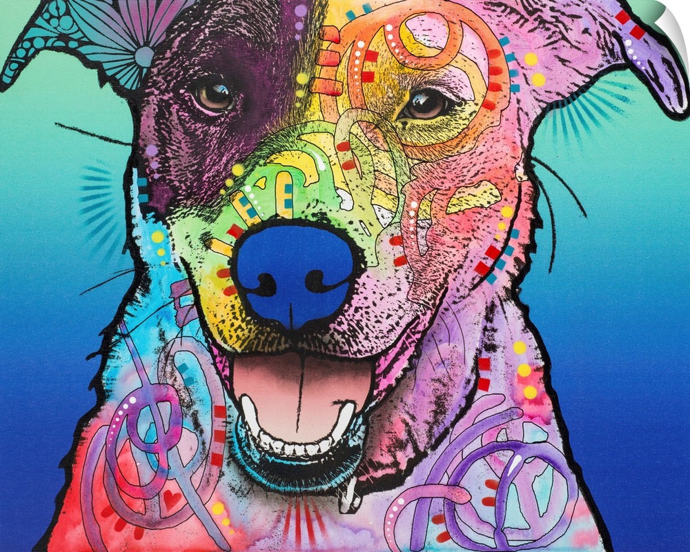 Pop art style painting of a happy mutt with colorful abstract designs on a blue gradient background.