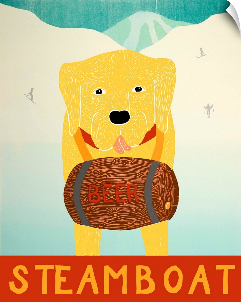 Illustration of a yellow lab with a barrel of beer around its neck on the ski slopes with "Steamboat" written on the bottom.