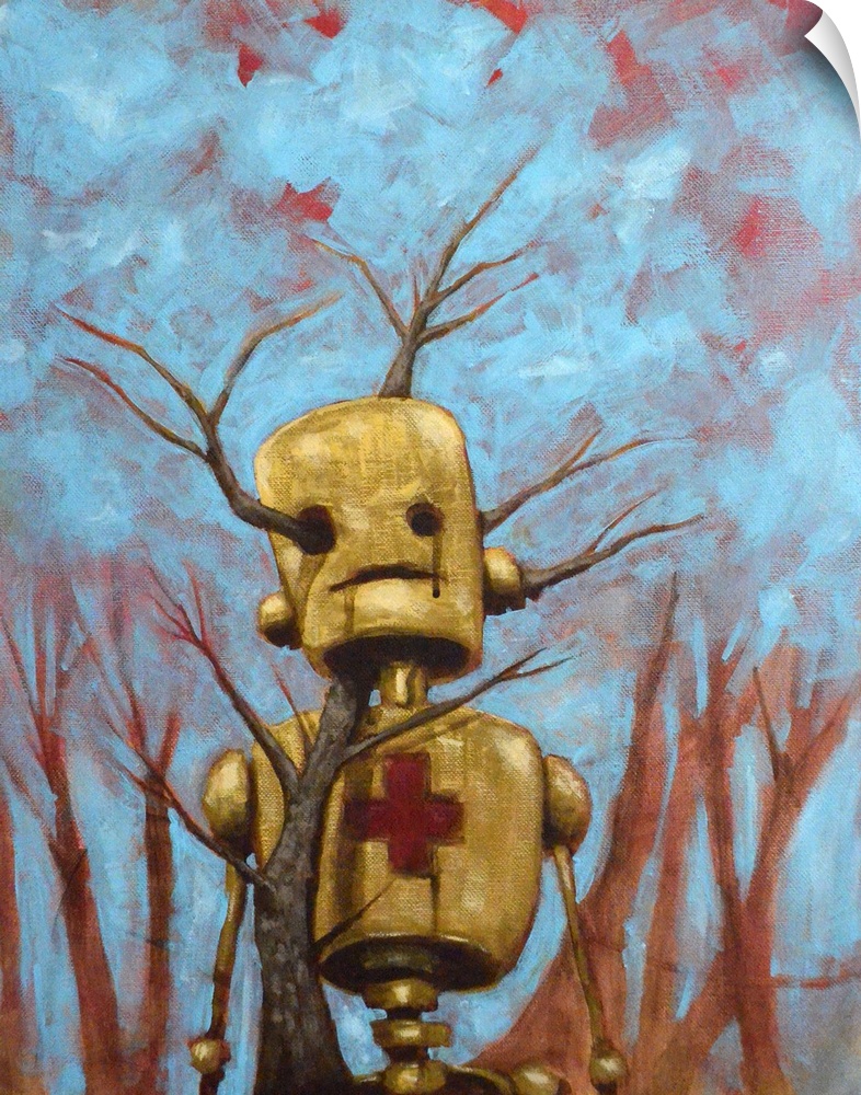 Illustration of a robot with a red cross on its chest and a tree growing through its head.
