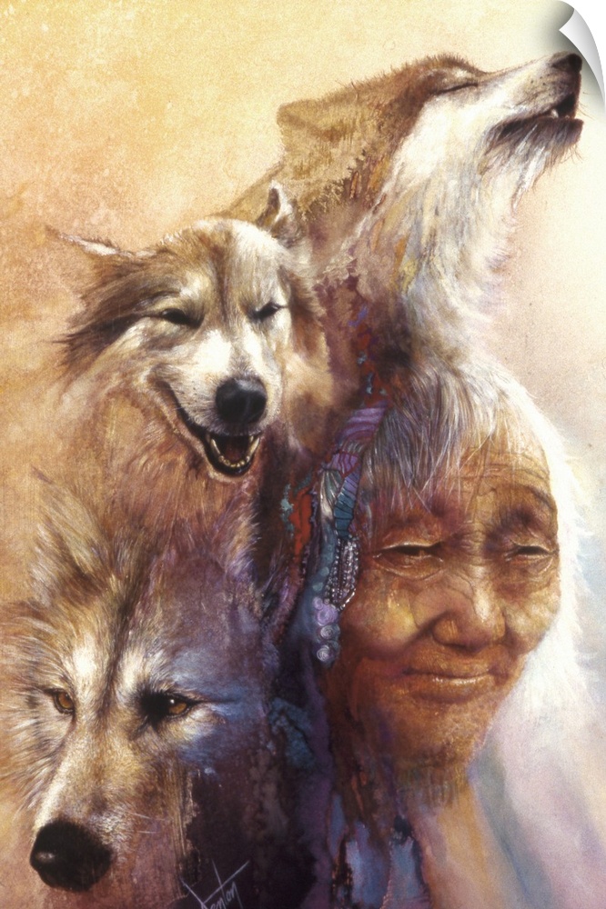 A contemporary painting of an elderly woman surrounded by three images of wolves.