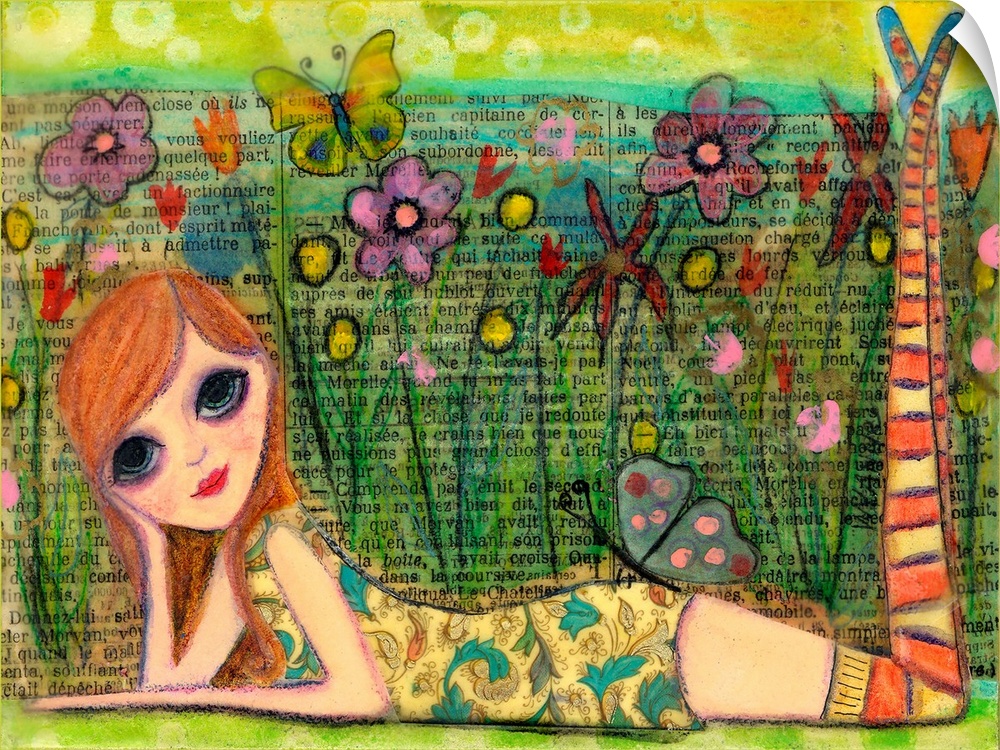 A girl with striped stocking lying down in a garden.