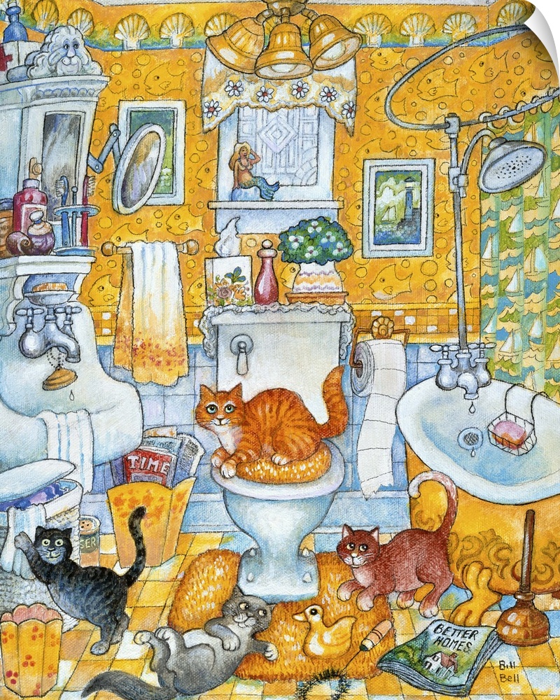 Cats in yellow bathroom.