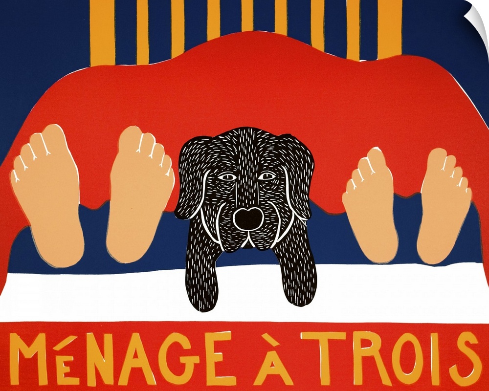 Illustration of a black lab laying in the middle of its owners legs at the foot of the bed with the phrase "Menage a Trois...