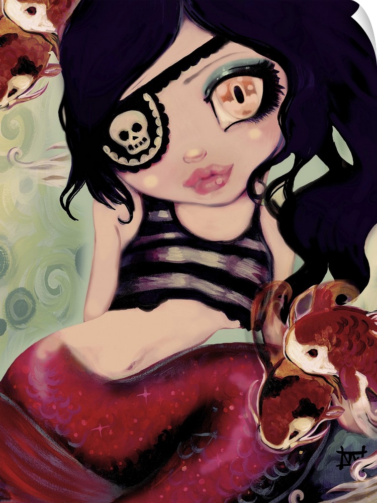 Fantasy painting of a pirate mermaid with an eyepatch.