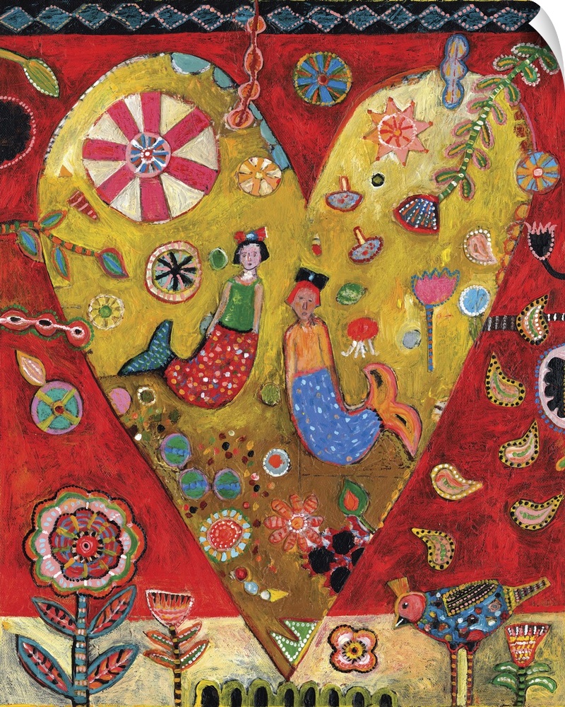 Lighthearted contemporary painting of a heart with a collage of mermaids and shapes and flowers inside.