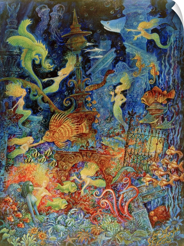 Mermaids and fish in underwater ruins.