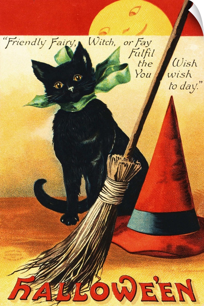 Vintage illustration of a black cat wearing a green ribbon in a bow around its neck while sitting with a broom and tall re...