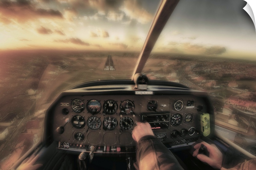 Pilot cockpit instrument panel, view of blurred landscape