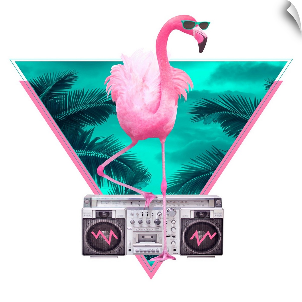 Pop art of a cool flamingo with shades and a boom box.