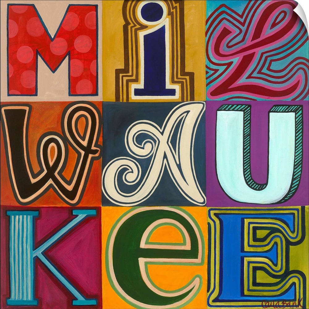 Contemporary typography painting with the word Milwaukee spelled in different fonts.