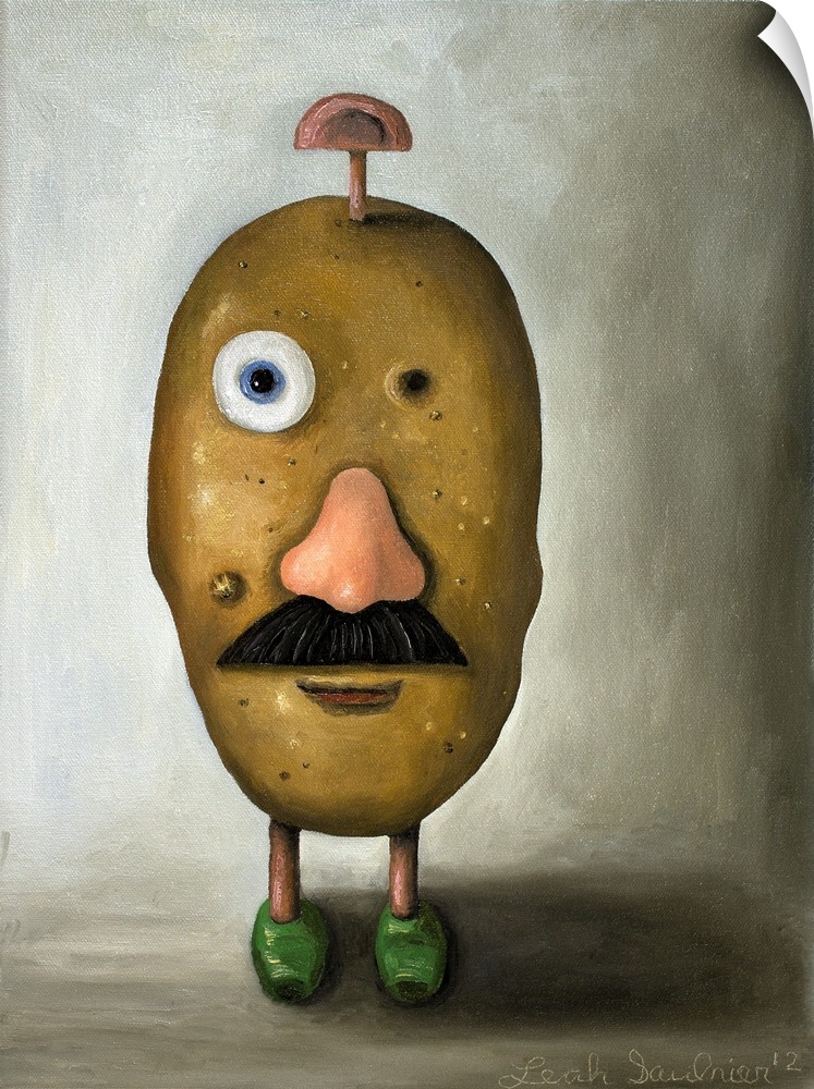 Surrealist painting of a potato head toy with one eye missing and one ear on the top of the head.