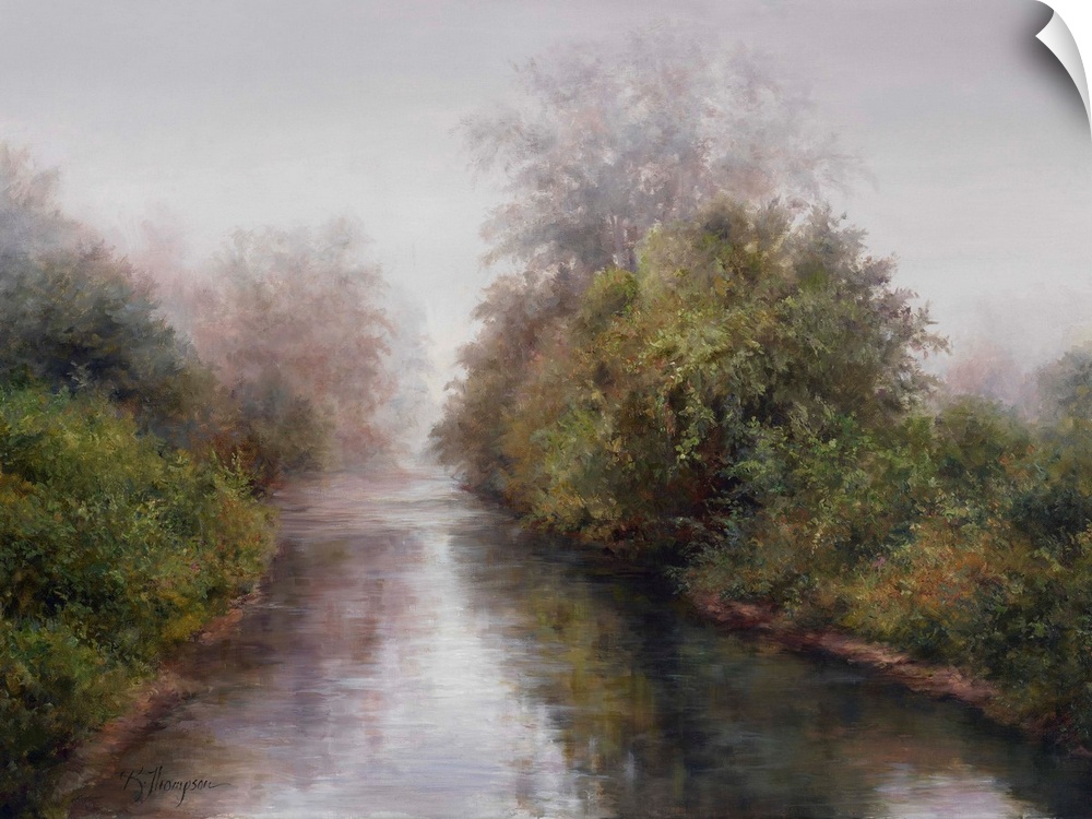 Contemporary painting of an idyllic countryside river with a fog hanging in the air.