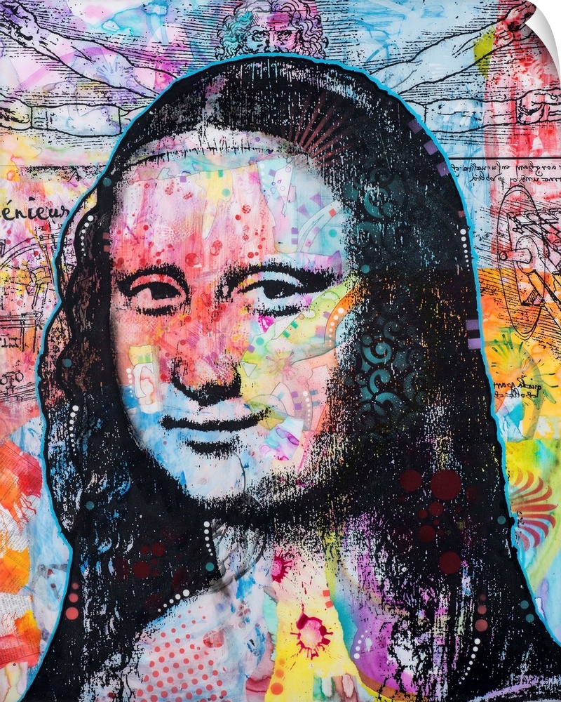 Illustration of the Mona Lisa with da Vinci's Vitruvian Man on the colorful background.