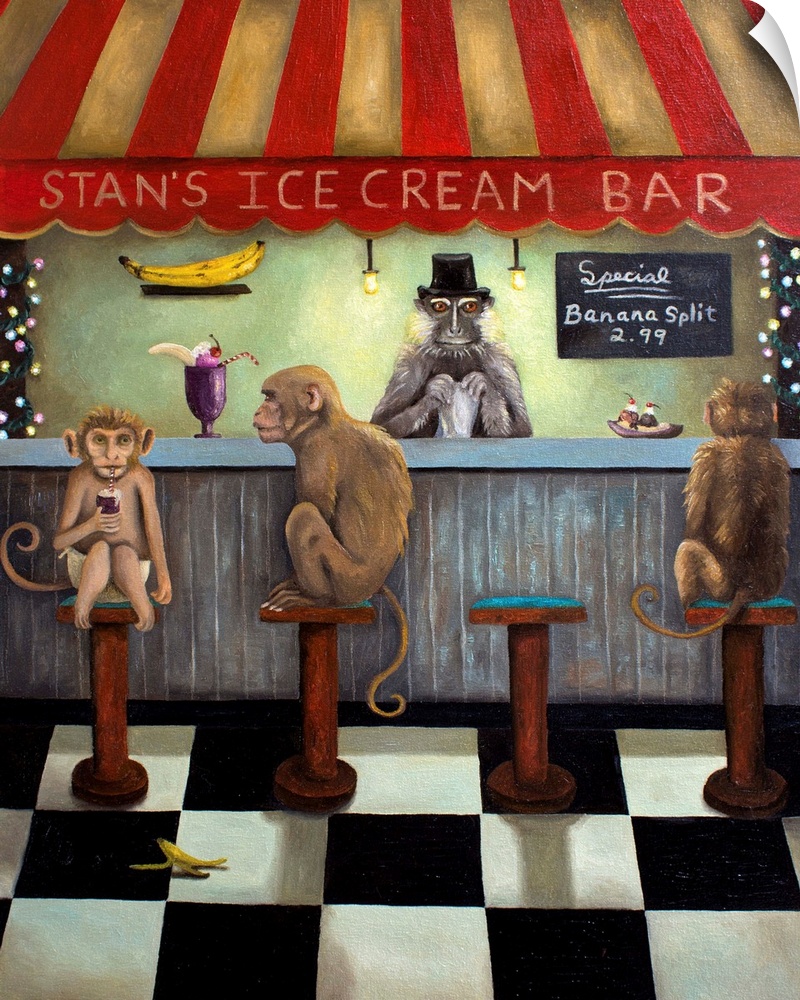 Surrealist painting of an ice cream bar with monkeys sitting at it.