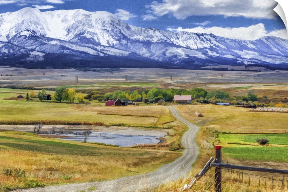 Contemporary watercolor effect of a scenic vista in Montana.