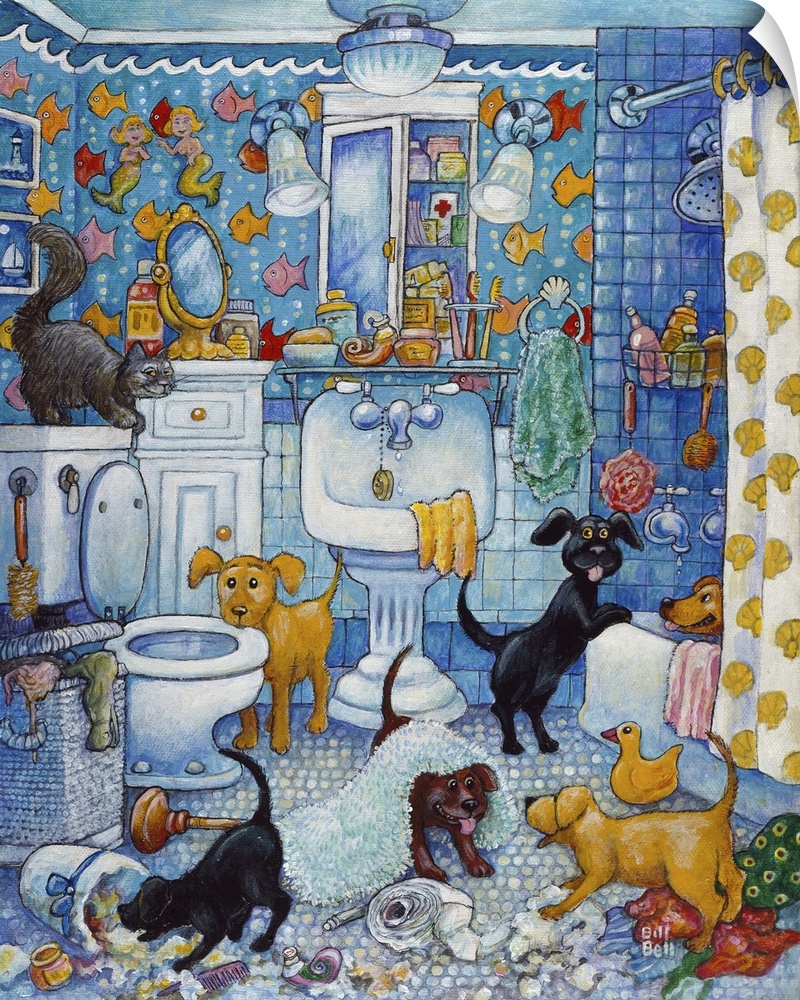 A group of dogs (puppies) in the bathroom.