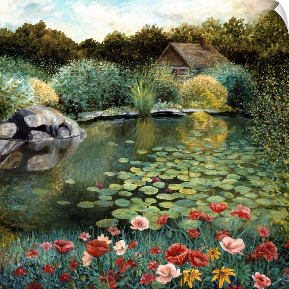 Contemporary artwork of a pond full of lily pads in the morning.