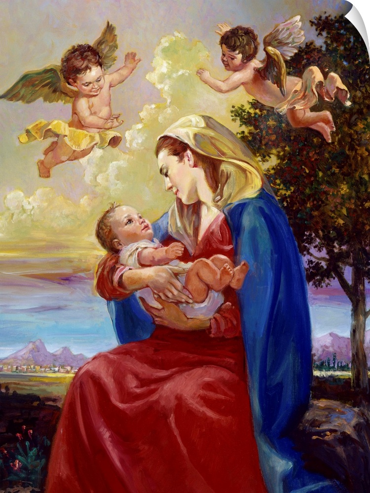 Two angels watch over Mary and Jesus.
