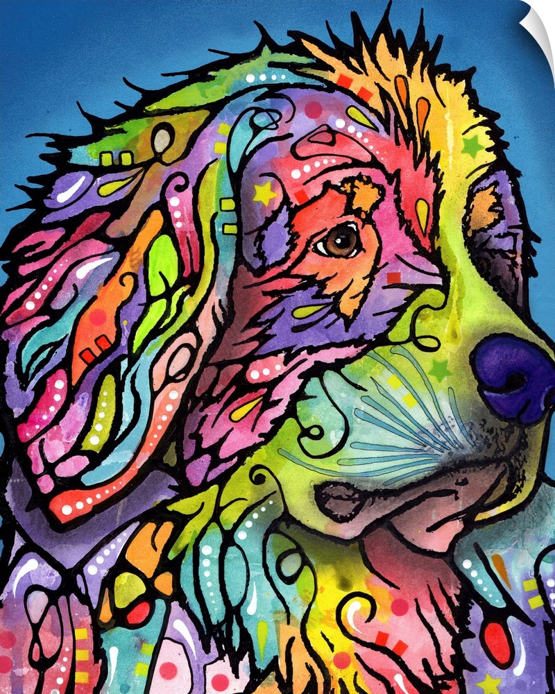 Colorful painting of a Mountain Dog with abstract designs on a blue background.