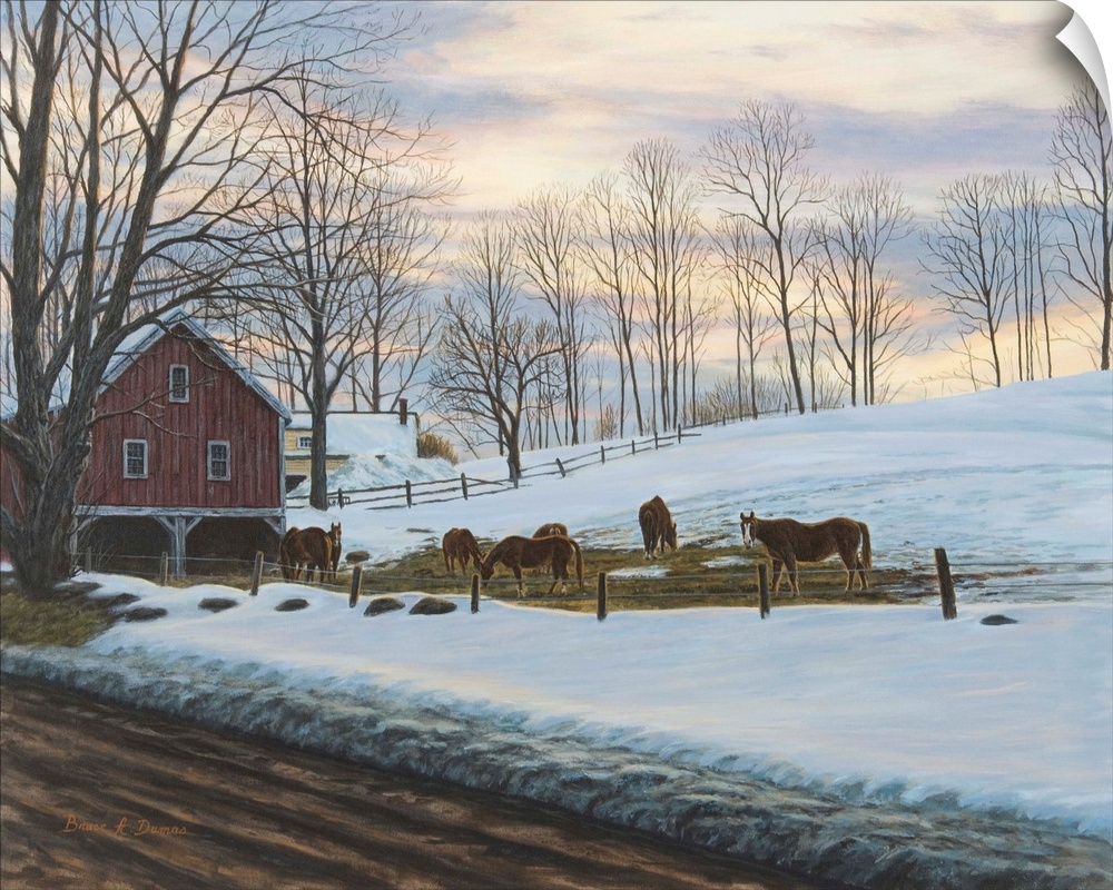 Contemporary artwork of a barn with horses in fenced area during mud season.