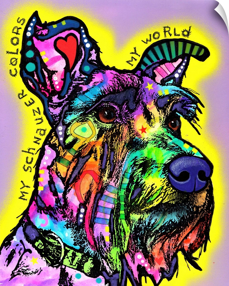 "My Schnauzer Colors My Wold" handwritten around a colorful painting of a Schnauzer on a purple background with a yellow s...