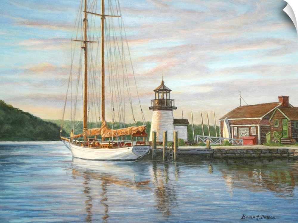 Contemporary artwork of a small lighthouse at a harbor with ships.