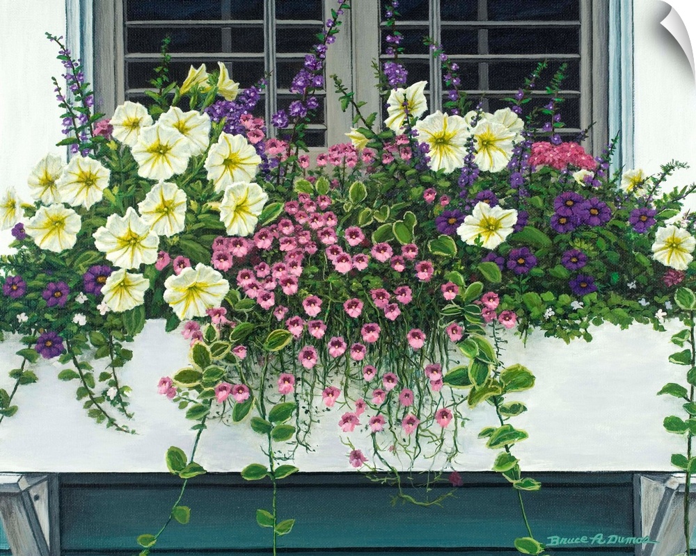 Contemporary painting of a window box full of beautiful flowers.