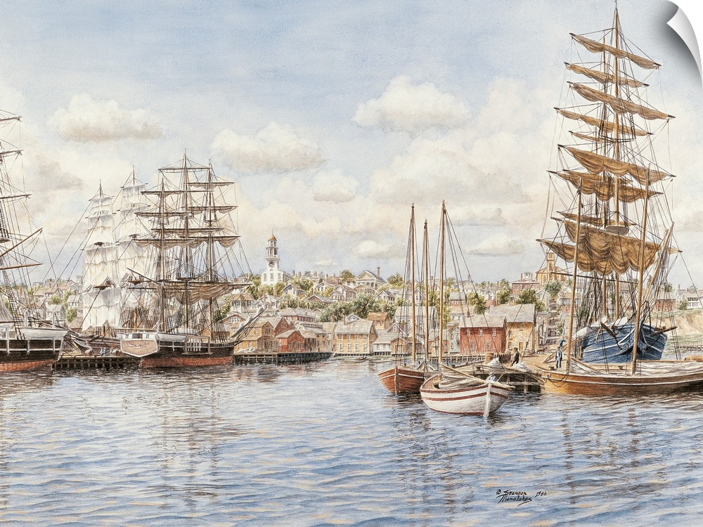 Contemporary painting of a harbor filled with high masted ships.