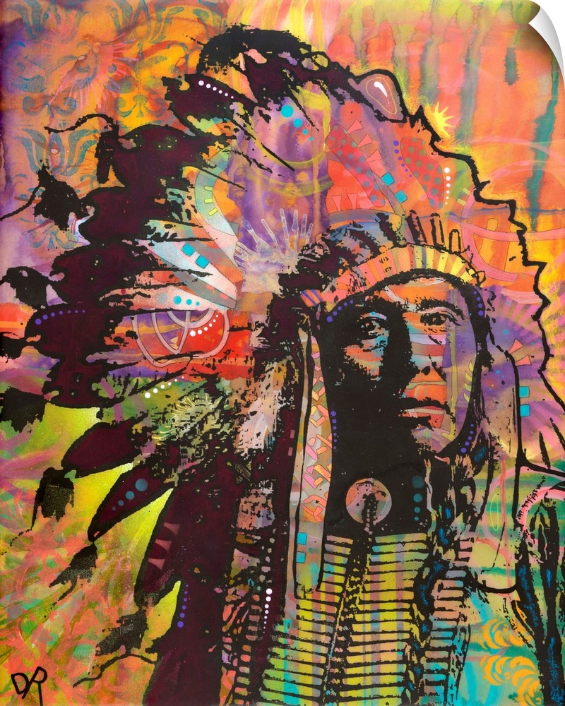 Graffiti style illustration of a Native American with various colors.