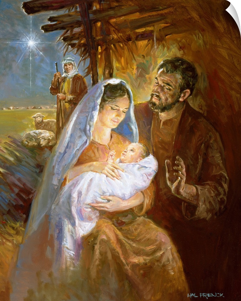 Mary and Joseph, after the birth of Jesus.  The North Star is seen in the background.