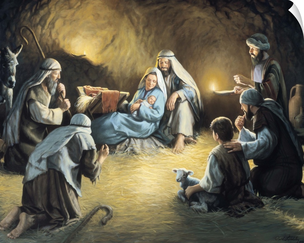 Nativity scene with people gathered around Mary and Joseph holding baby Jesus.