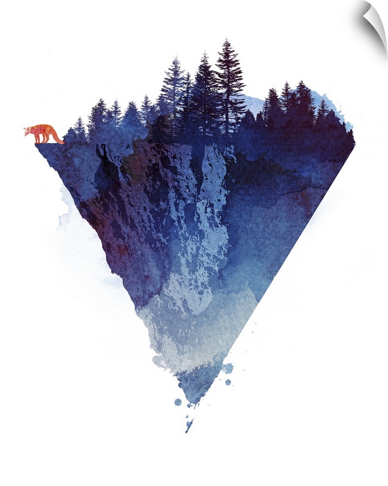 Contemporary artwork of a composite image of a forest cliff scene against a white background.