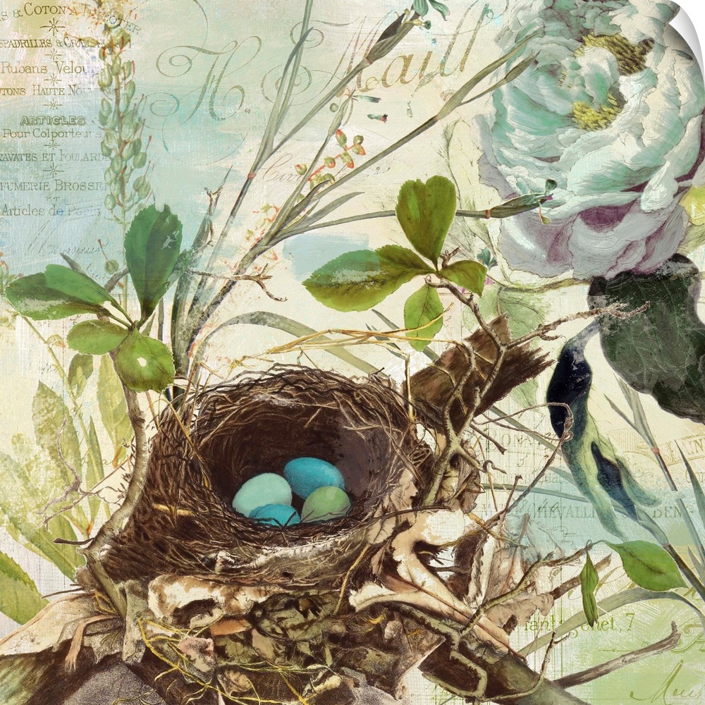 Nest with robin's egg, flowers, vintage