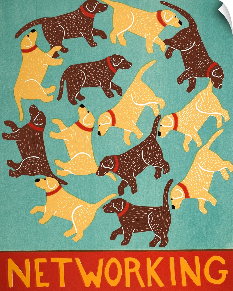 Illustration of chocolate and yellow labs creating circles with the phrase "Networking" written on the bottom.