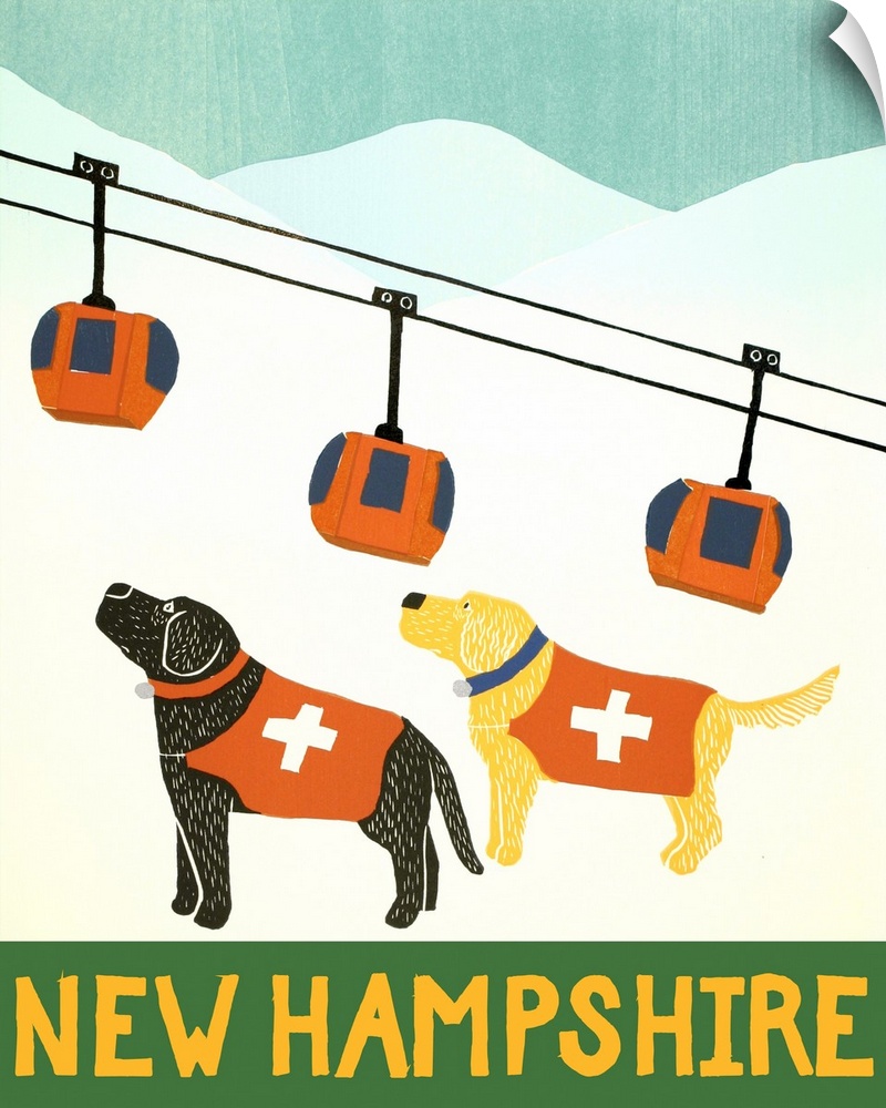 Illustration of a yellow and black lab dressed as ski patrol on the slops with a ski lift in the background and "New Hamps...
