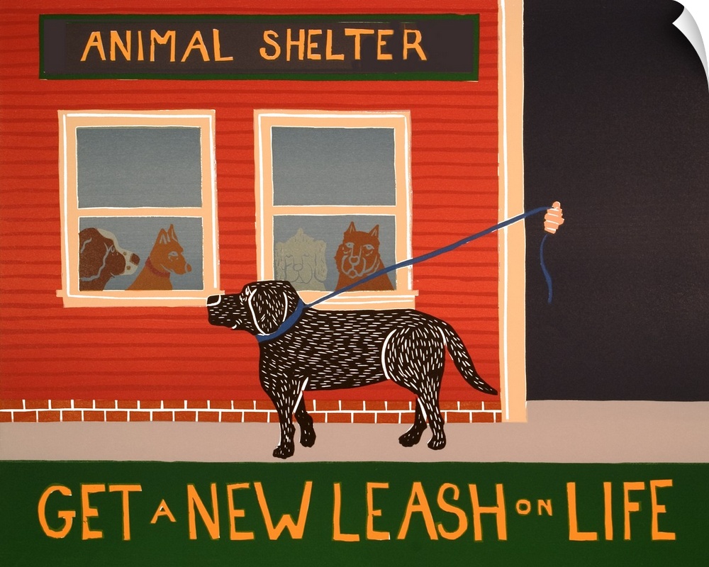 Illustration of a black lab walking on its leash in front of an Animal Shelter with the phrase "Get a New Leash on Life" w...