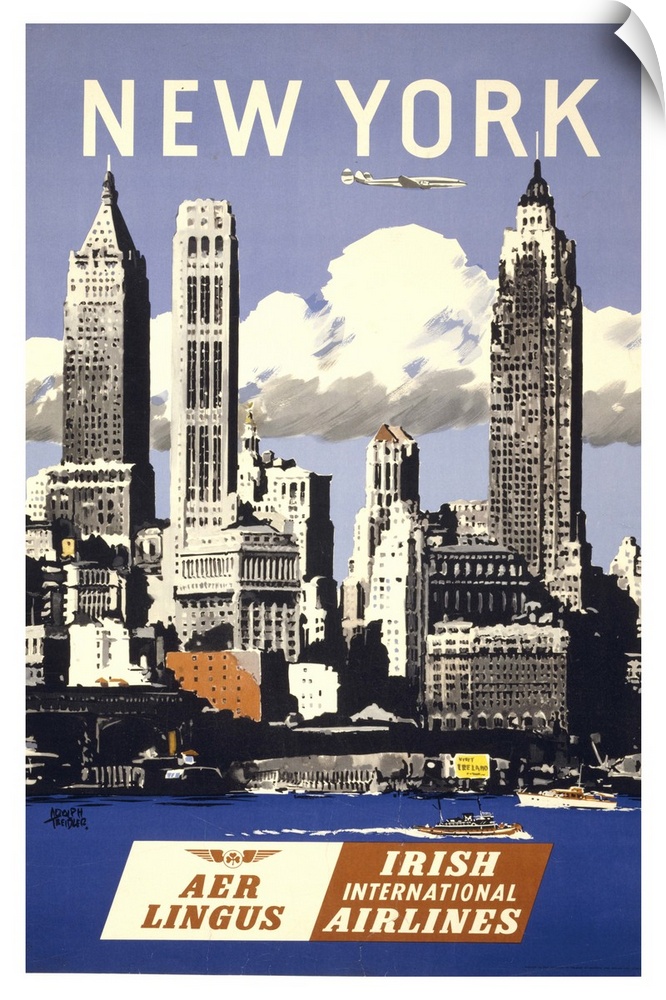 New York via Aer Lingus, Irish International Airlines - Vintage Travel Advertisement