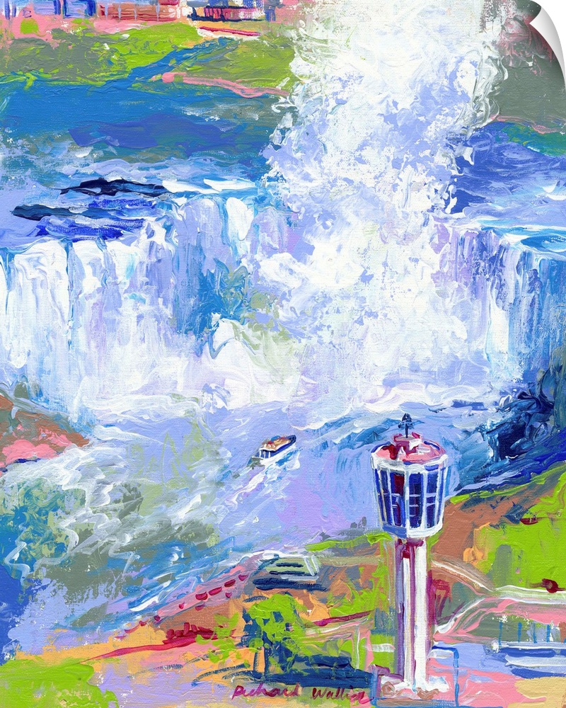 Painting of Niagara Falls from a high view.