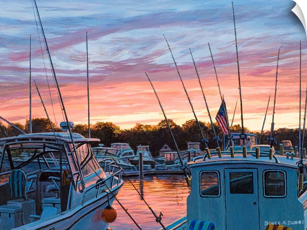 Contemporary painting of a harbor at sunset.