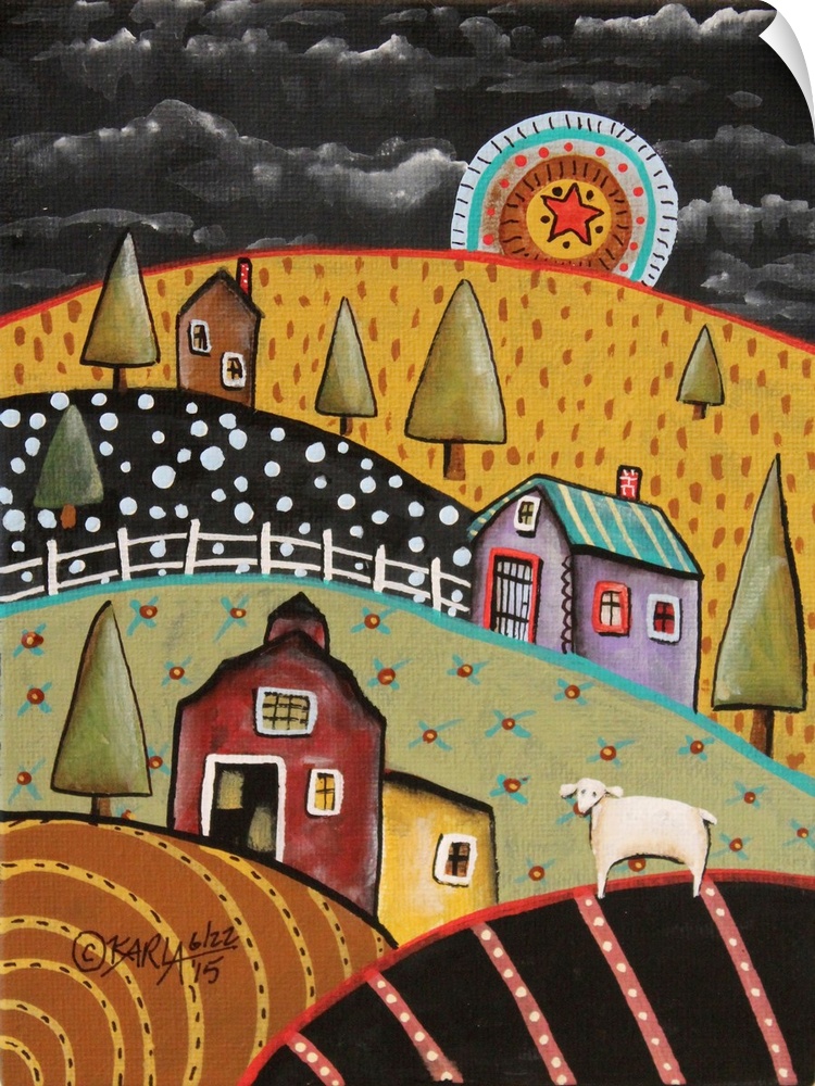 Contemporary folk art painting of a house on a countryside landscape.