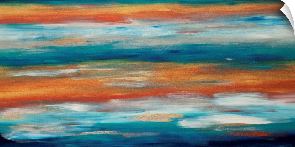 Contemporary abstract painting in blue and orange, resembling the evening sky.
