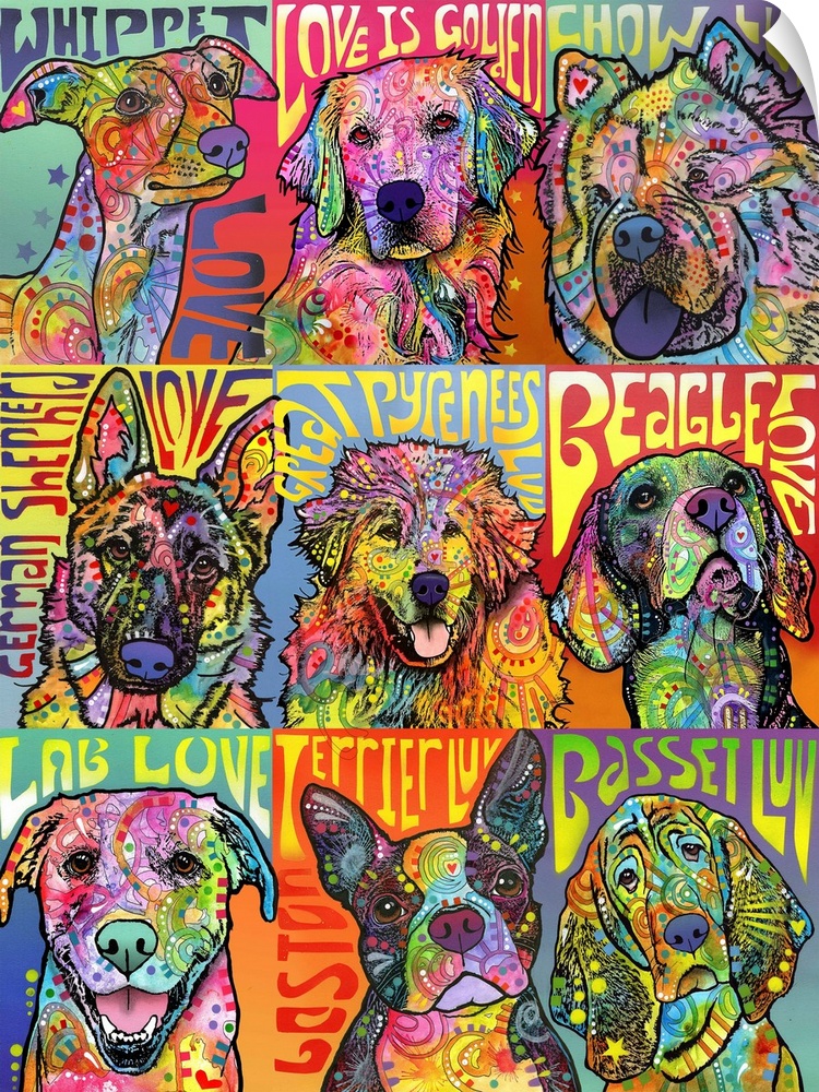 Pop art style painting of nine dogs in a  grid filled with color.